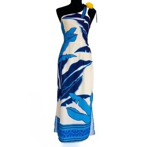 SHEIN ~ Blue and White Tropical Leaf Print Midi One-Shoulder Dress size M